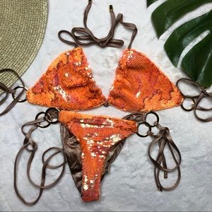 Beach Bunny Orange Sequin Bikini XL Top/ S Bottom